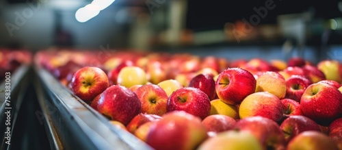 Freshly washed apples on a production line for sorting and selecting organic fruits and vegetables. Distribution and export of domestic apples.