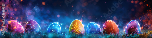 Colorful glowing neon Easter eggs hiding on the grass. Spring christianity religion holiday. Futuristic modern concept. Festive design for greeting card, banner, poster with copy space