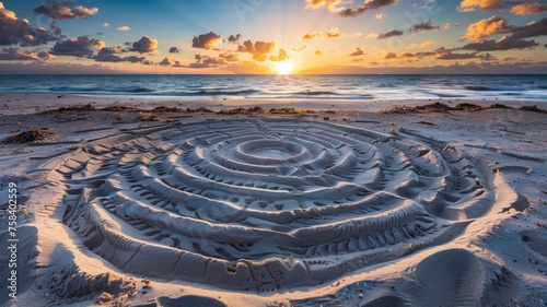 Sunrise bathes a detailed sand sculpture and tranquil beach in golden light