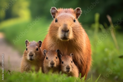 A family of capybaras - adult and two babies on the riverside in the green grass. Outdoor. Concept of wild animals in natural habitat.