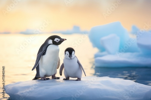 Two penguins adult and baby stand against the background of sunrise in Antarctic ice. Concept of wild animals in natural habitat.