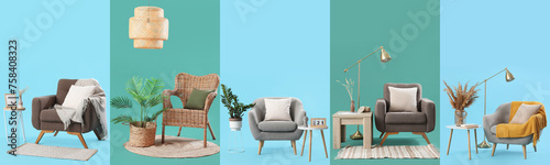 Collage of stylish armchairs with tables, lamps and decorations on green and blue backgrounds