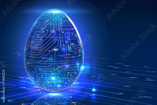 Easter egg in tech futuristic style. Abstract 3d neon glowing egg with circuit board texture. Illustration for greeting card, banner, poster