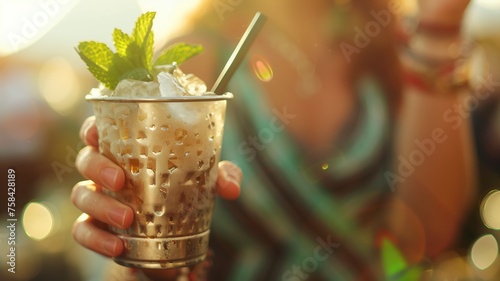 A refreshing iced mint julep cocktail in hand, capturing the essence of summer bliss at golden hour