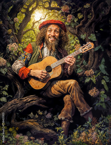 A Traveling Minstrel Making Music In A Lush Forest