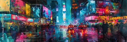 An abstract painting depicting the vibrant colors of a bustling cityscape at night, with neon lights reflecting off wet streets