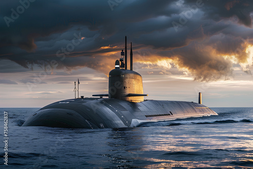 A modern nuclear submarine gracefully sails through the vast expanse of the sea, showcasing its sleek and formidable presence against the horizon.