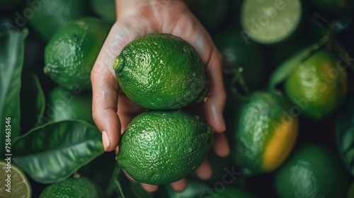 Hand holding tangy lime against blurred lime selection background with copy space