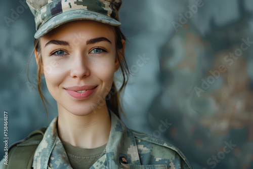 Smiling beautiful military woman portrait with copy space. Young Woman Military soldier. USA Army 