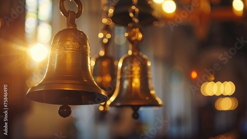 Church bells close-up with soft bokeh - Close-up image of church bells with beautiful bokeh effect in the background inside a church