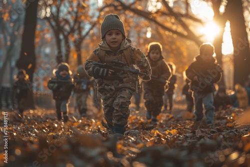 Squad of young kids, aged five, wearing camouflage gear and holding toy guns as they navigate through a makeshift obstacle course in a park, engaging in a fictitious military operation