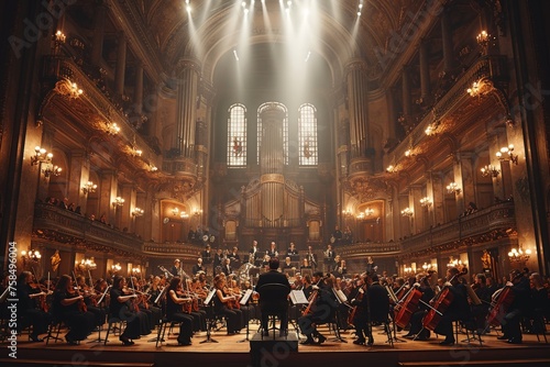 A large symphony orchestra performs in a majestic concert hall, led by a conductor, under grand chandeliers