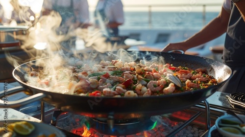 A closeup of a seafood paella being cooked in a large traditional pan by a team of chefs on the lower deck of the yacht the tantalizing aroma of es filling the air.