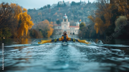 Women's rowing team on blue water