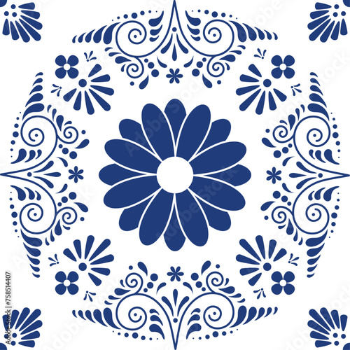 Ethnic folk ceramic tile in Talavera style with navy blue floral ornament. Seamless pattern, traditional Portuguese, Mexican and Spanish decoration. Mediterranean porcelain ceramics.
