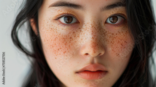 A close-up image of an Asian woman with many freckles