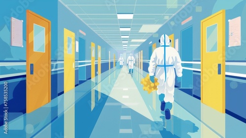 An illustration of a hospital hallway with each door representing a different control measure such as quarantining disinfecting and wearing protective gear.