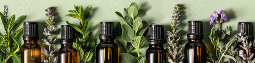 Various bottles containing different essential oils and herbs lined up in a row. Banner.