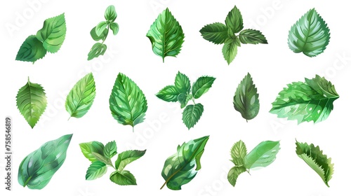 Set of fresh mint leaves on white background