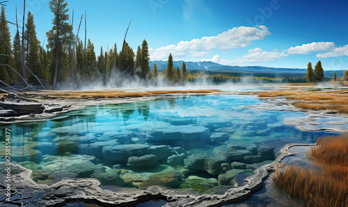 Realistic landscape of Yellowstone Park on a sunny day.