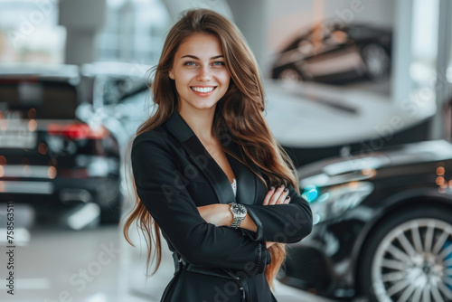 Professional luxury car saleswoman in luxury showroom. Auto dealership office. Car dealer business. Smiling woman in showroom