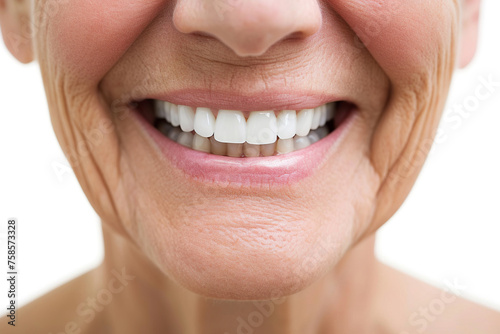 Female smile with white healthy teeth on white background. Laughing elderly woman