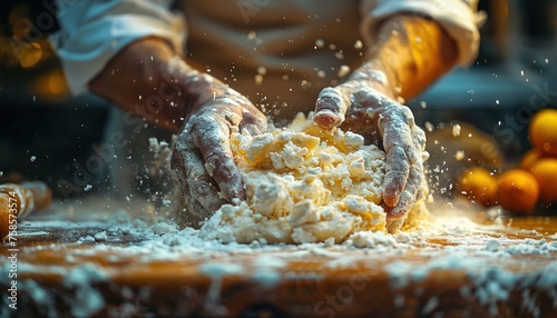 Chef's hands kneading dough for original Italian pizza