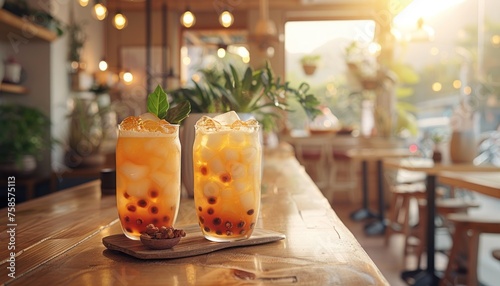 Bubble iced tea on wooden table in cafe