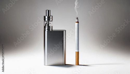 An electronic smoking e-cig vape and a burning lit cigarette side by side wallpaper background