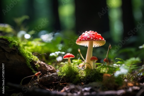 Enigmatic fly agaric mushroom with red cap in deep forest glade under bright sun rays