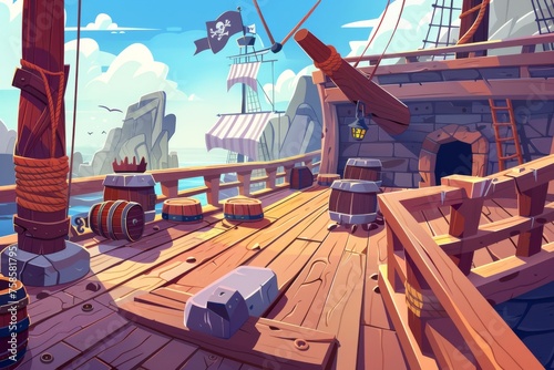 Illustration of a pirate ship wooden deck onboard view, a boat with cannons, wood boxes, and barrels, the entrance to the hold, a mast with ropes, a lantern, and a skull buccaneer flag on a rocky