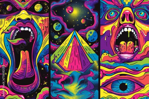 This set of psychedelic rave trip party banner templates features a martian head and mouth with a tongue, a pyramid with an eye and a disco ball, and acid backgrounds.