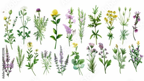 Hand drawn detailed botanical modern illustration of a beautiful collection of wild herbs, herbaceous flowering plants, blooming flowers, shrubs, and subshrubs.