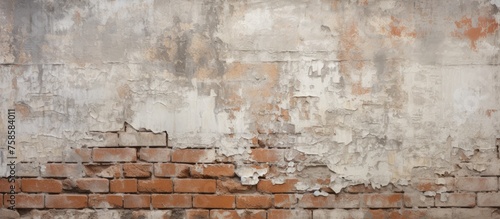 A detailed close up of a beige brick wall with peeling paint, showcasing the intricate brickwork and texture of the building material