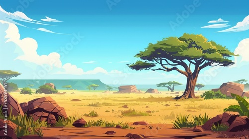 The savannah landscapes of Africa are not only beautiful but also wild in nature. This modern illustration depicts a panorama view of Kenya as well as mountains and plain grassland fields. There are