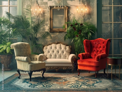 Classic furniture pieces creatively arranged to inspire interior decorators and design enthusiasts. 🏛️✨🛋️ Perfect for vintage elegance in modern spaces!