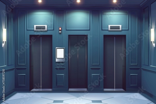Mockup of realistic elevators with close doors on a wall with ad posters display, perspective view. Office or modern hotel hallway with empty lifts and blank displays.