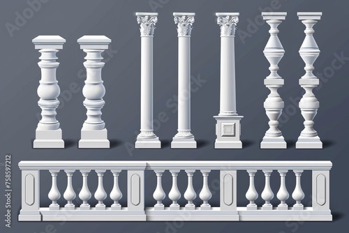 3D white stone or marble balustrades with pillars, columns, balusters, and handrails, along with modern set of a classic roman or greek style fence for a balcony, terrace, or staircase.