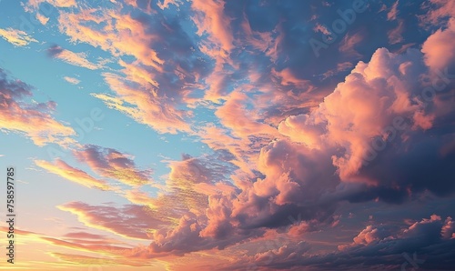 Sky at sunset, sky at sunrise, clouds, orange clouds cirrus clouds, cumulus clouds, sky gradient, sky background at dusk, twilight, nightfall, pink sky, pink clouds, sun, environment, Generative AI 