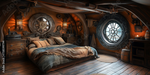 interior of bedroom captain cabin room on medieval pirate ship. Inside wooden pirate sail boat
