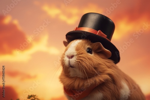Portrait of a guinea pig in a space Panama hat, sitting against a pastel orange sky with weightless clouds.