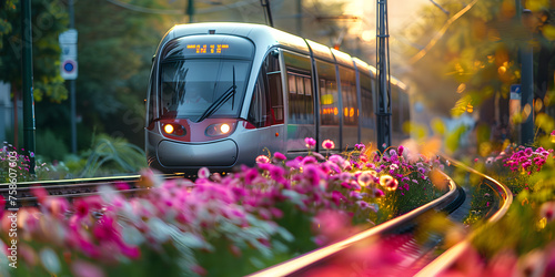 Transportation modes in vibrant city life captured outdoors with pink flower.
