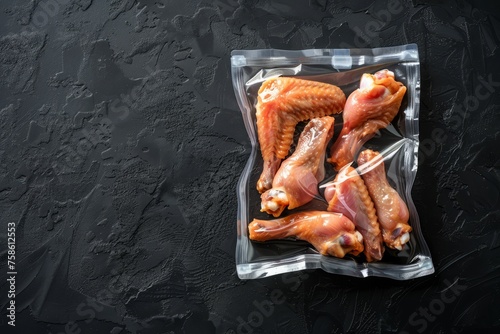 Commercial food photo of fresh chicken wings packed in plastic vacuum seal bag, placed on black stone background