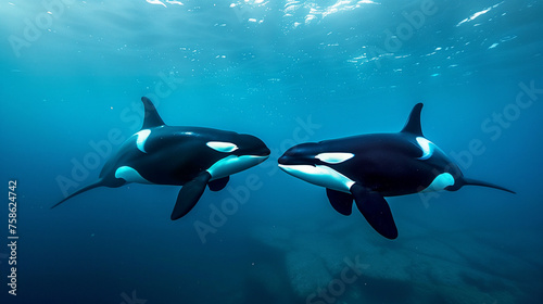 Two orcas swimming together 