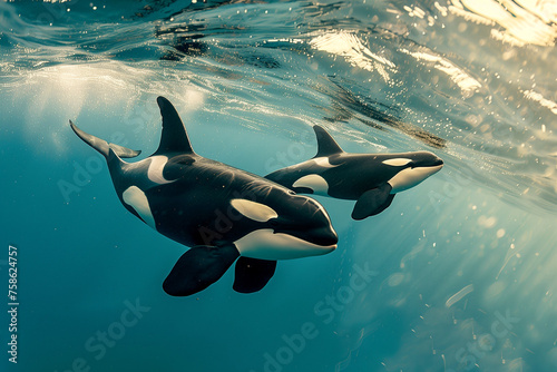 Two orcas swimming together 