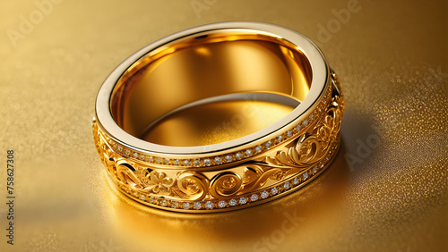 gold background heartens shape golden ring. golden wedding rings. festive celebration background. wedding invitation with golden decorative. background. Propose Day Poster. Bride and groom jewelry.