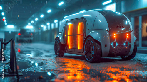 Robot courier mini car concept of delivering goods with unmanned drones with autopilot in a big city