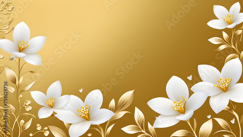 gold background with white flowers. background with flowers and butterflies. festive celebration background. wedding invitation with golden decorative background.