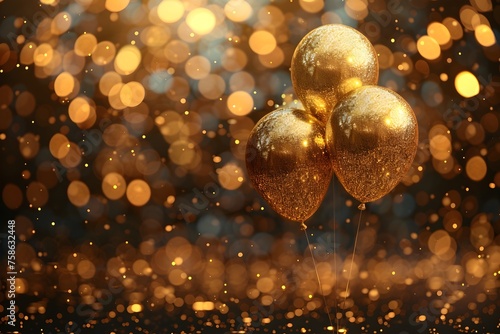 Tres atractivos globos dorados de celebracion, al fondo luces amarillas con efecto bokeh. Imagen con espacio para copiar. Imagen ideal para cumpleaños, graduacion o navidad.