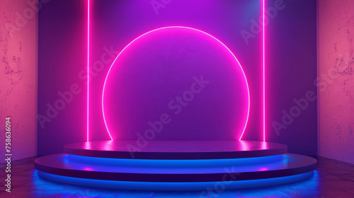 A vivid neon purple arch over a circular platform creates a mood of futuristic mystery in an ambiently lit room.